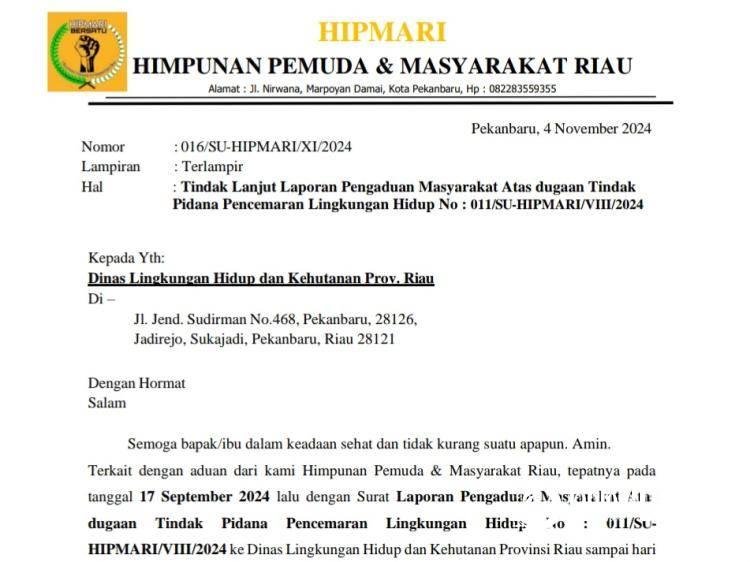 HIPMARI Desak Tindak Lanjut Laporan Pencemaran Lingkungan kepada Dinas LHK Riau