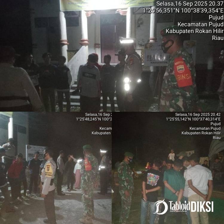 Personil Koramil 0321-06/TM Rohil Bersama Personil Polsek Pujud Gelar Patroli Malam, Cegah Aksi Premanisme