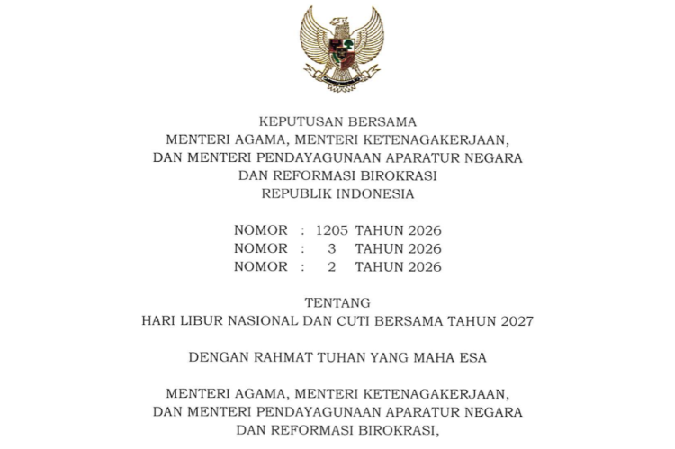 Pemerintah Tetapkan 18 Hari Libur Nasional dan 8 Cuti Bersama pada 2027
