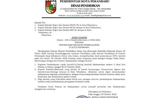 Udara Pekanbaru Masuk Kategori Sangat Tidak Sehat, Disdik Hentikan Tatap Muka dan Alihkan ke PJJ